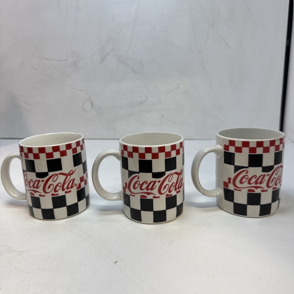 Set of 3 1996 VTG Coca-Cola Coke Checkered Coffee Mug Cup Gibson Red White Black